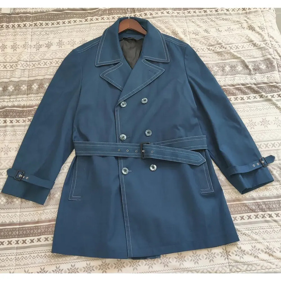 London Fog Navy Blue Trench Coat Utility Jacket Belted Size 14 Double Breasted - Picture 1 of 9